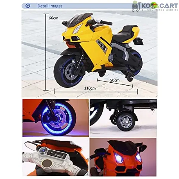 Battery Operated Electric Sports Ride on Battery Bike for 1 to 6 Years Kids/Boys/Girls with 12V Battery Operated/Music System/Working Lights/Training Wheels-Yellow | Same-Day Delivery in Delhi NCR - Image 3